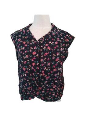 Lily White SAMPLE Short Sleeved button down Top, Black/Pinks, Size Medium